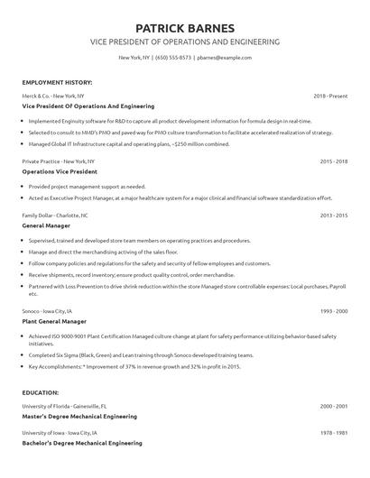 Vice President Of Operations And Engineering Resume