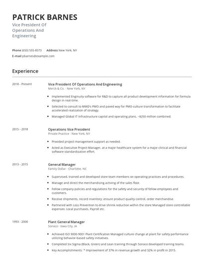 Vice President Of Operations And Engineering Resume