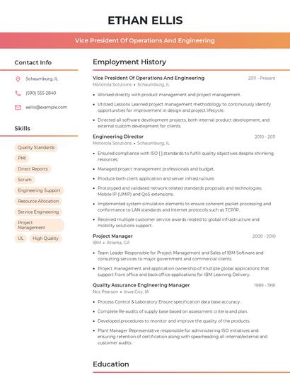 Vice President Of Operations And Engineering Resume