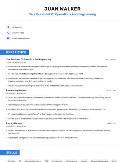 Vice President Of Operations And Engineering Resume