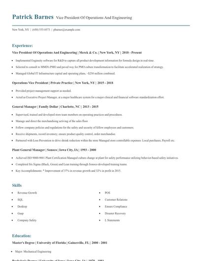 Vice President Of Operations And Engineering Resume