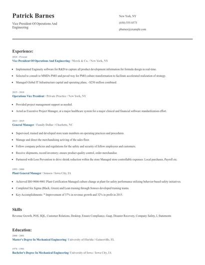 Vice President Of Operations And Engineering Resume