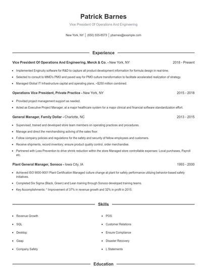 Vice President Of Operations And Engineering Resume