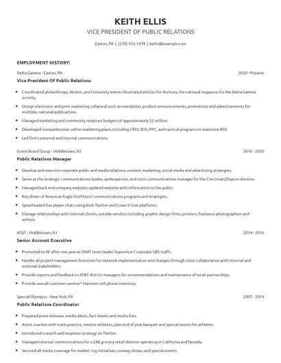 Vice President Of Public Relations Resume