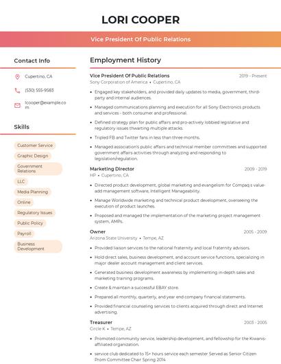 Vice President Of Public Relations Resume