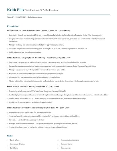 Vice President Of Public Relations Resume