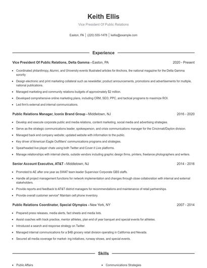 Vice President Of Public Relations Resume