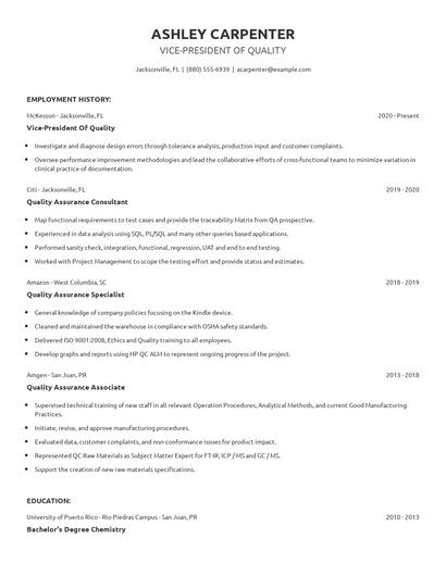 Vice-President Of Quality Resume