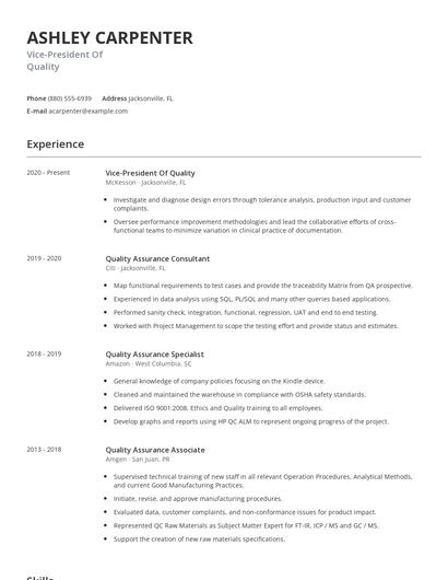 Vice-President Of Quality Resume