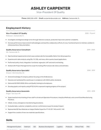 Vice-President Of Quality Resume