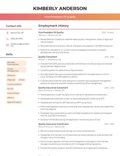 Vice-President Of Quality Resume