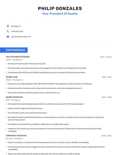 Vice-President Of Quality Resume