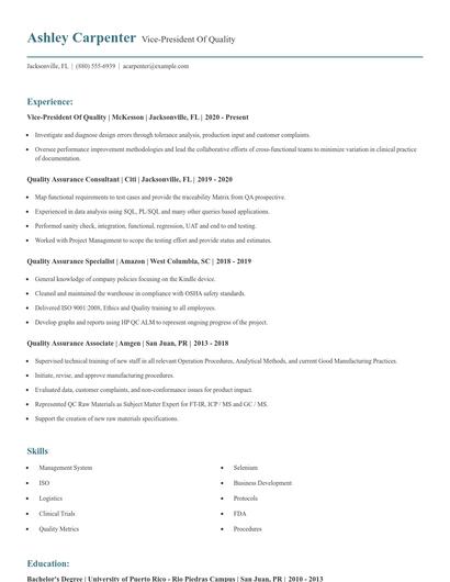 Vice-President Of Quality Resume