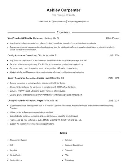Vice-President Of Quality Resume