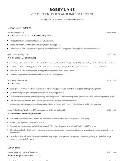 Vice President Of Research And Development Resume