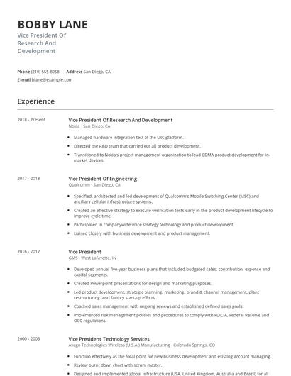 Vice President Of Research And Development Resume