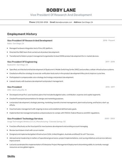 Vice President Of Research And Development Resume