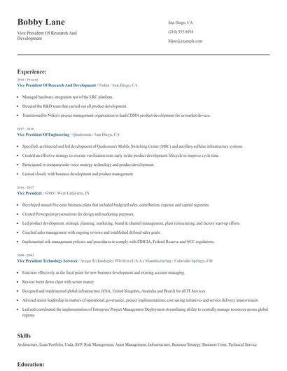 Vice President Of Research And Development Resume