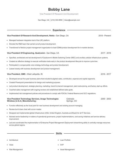 Vice President Of Research And Development Resume