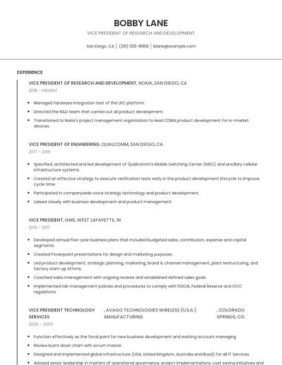 Vice President Of Research And Development Resume
