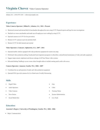 Video Camera Operator Resume