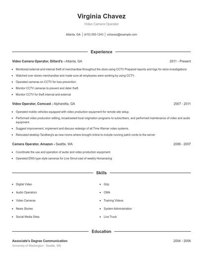 Video Camera Operator Resume