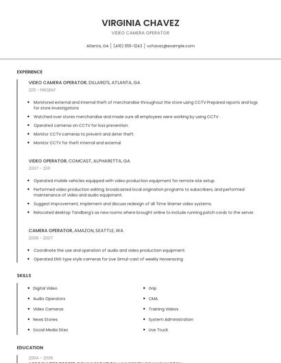 Video Camera Operator Resume