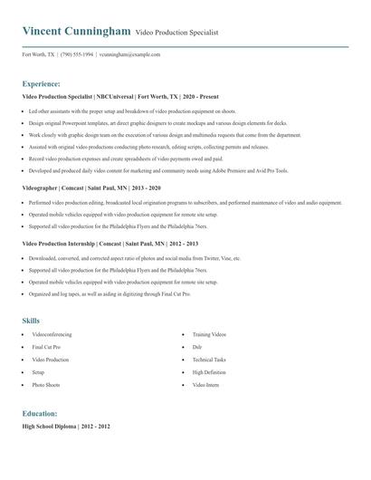 Video Production Specialist Resume