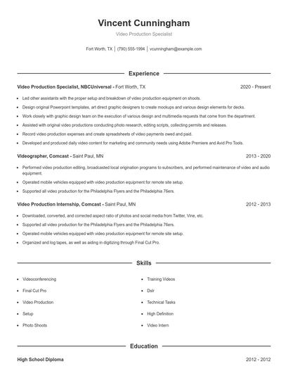 Video Production Specialist Resume