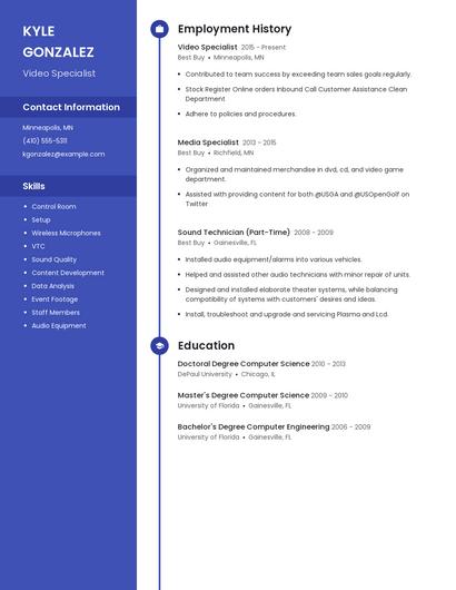 Video Specialist Resume