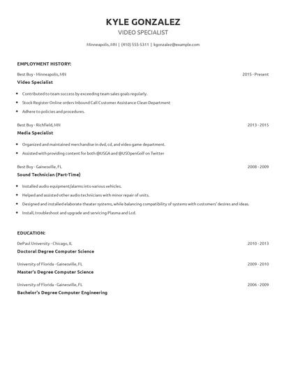 Video Specialist Resume