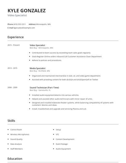 Video Specialist Resume