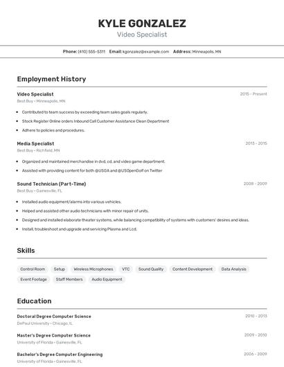 Video Specialist Resume