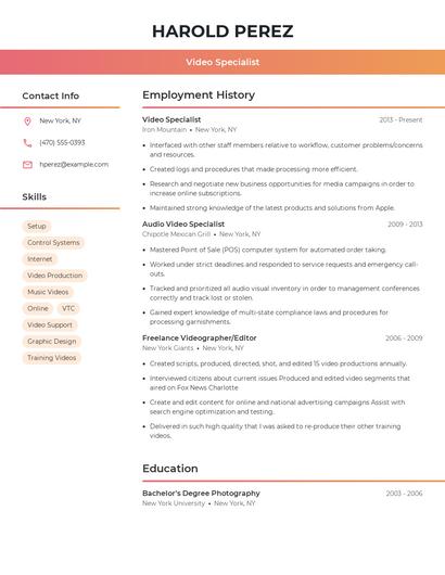 Video Specialist Resume