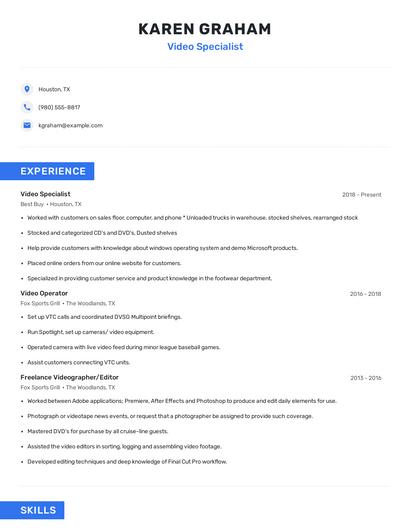 Video Specialist Resume