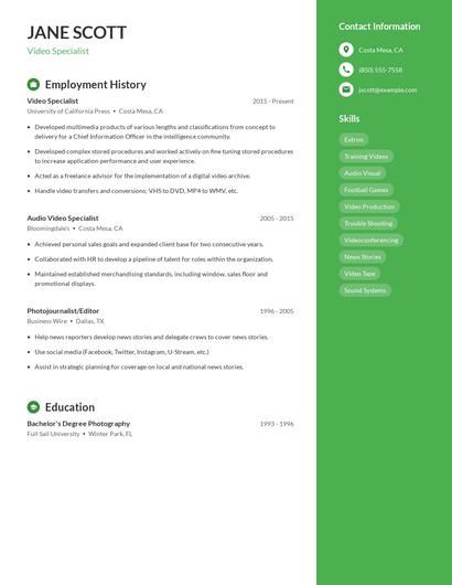 Video Specialist Resume