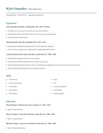 Video Specialist Resume