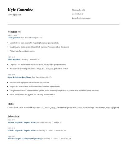 Video Specialist Resume