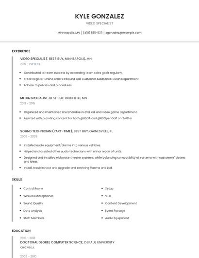 Video Specialist Resume