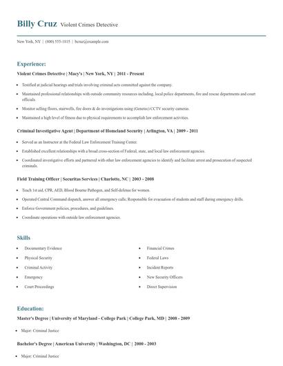 Violent Crimes Detective Resume