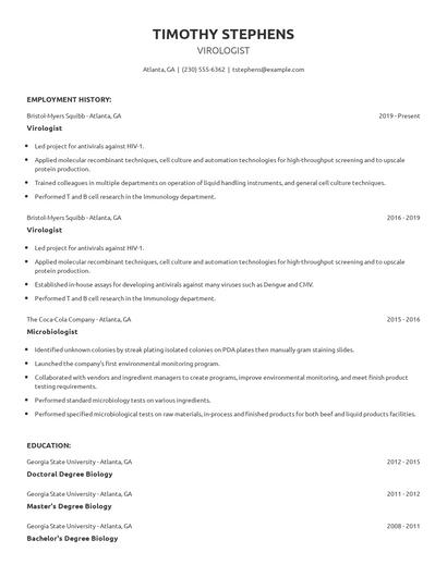 Virologist Resume