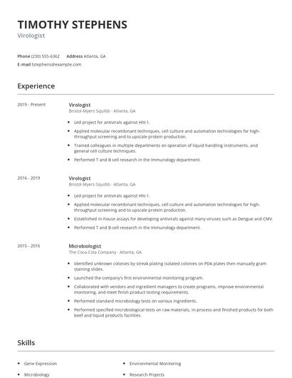 Virologist Resume
