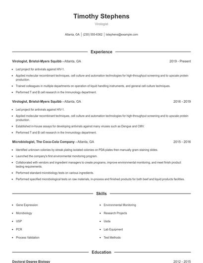 Virologist Resume