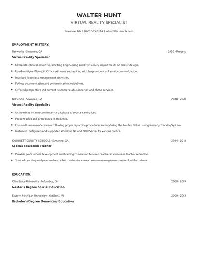 Virtual Reality Specialist Resume
