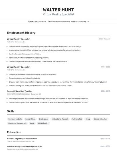 Virtual Reality Specialist Resume