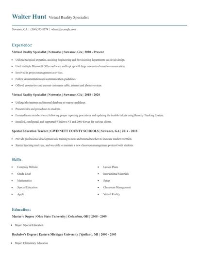 Virtual Reality Specialist Resume