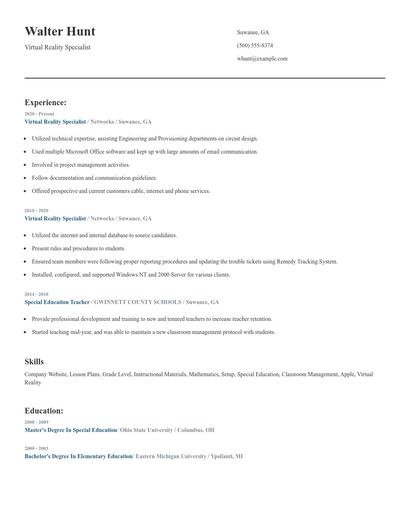 Virtual Reality Specialist Resume