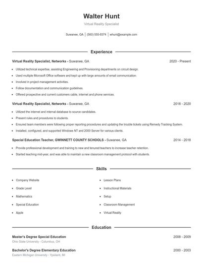 Virtual Reality Specialist Resume