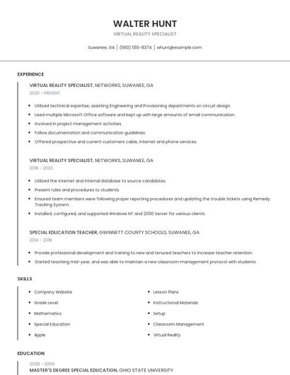Virtual Reality Specialist Resume