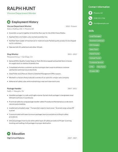 Viscose Department Worker Resume